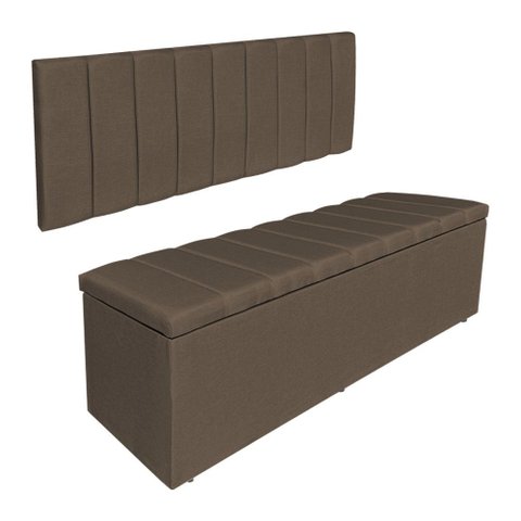 Kit Cabeceira Painel e Calçadeira Baú Casal King 1,95m Londres Linho Marrom Dal Poz Estofados
