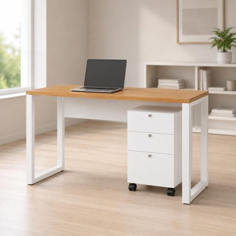 Mesa Escrivaninha Industrial 120cm x 60cm e Gaveteiro Móvel 03 Gavetas 100% MDF F5 Office Cor:Freij