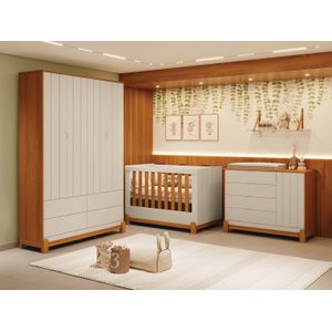 Quarto de Bebê Lótus com Guarda-roupa 4 Portas, Cômoda com Porta e Berço Minicama Areia/savana Relle