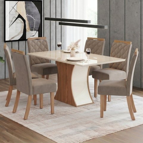 Conjunto Sala Jantar Mesa 160 cm Tampo MDF Vidro 6 Cadeir Layla Confort Casa 812