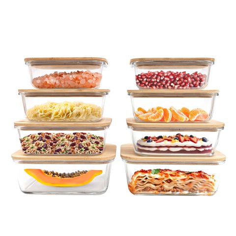 Kit 8 Potes de Vidro com Tampa de Bambu Hermético Marmita Retangulares - Tud