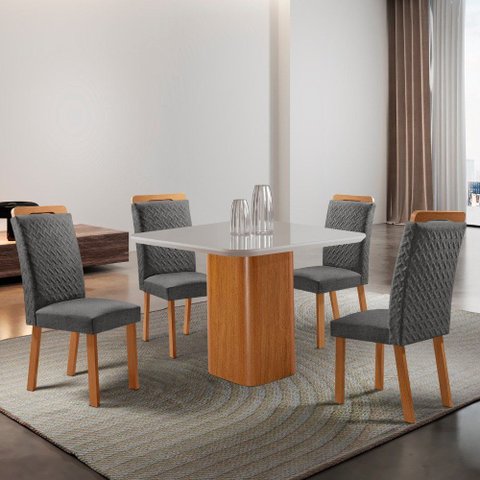 Mesa de Jantar Eloise 90cm Tampo MDF Vidro Canto Copo com 4 Cadeiras Aline