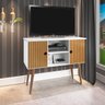 Aparador Rack Multiuso Viena para Tv 40 Polegadas - 2 Portas Pés em Madeira Maciça - Branco/ripado - 1