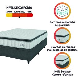 Cama Box Baú Colchão Casal Molas Ensacadas City Pillow Top 138x188x64cm Branco / Cinza Hellen - 6