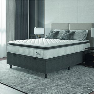 Cama Box Baú Colchão Casal Molas Ensacadas City Pillow Top 138x188x64cm Branco / Cinza Hellen