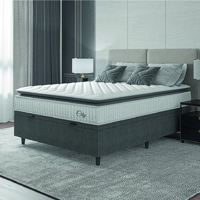 Cama Box Baú Colchão Casal Molas Ensacadas City Pillow Top 138x188x64cm Branco / Cinza Hellen