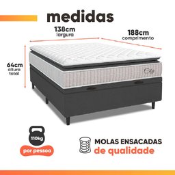 Cama Box Baú Colchão Casal Molas Ensacadas City Pillow Top 138x188x64cm Branco / Cinza Hellen - 5 Cama Box Baú Colchão Casal Molas Ensacadas City Pillow Top 138x188x64cm Branco / Cinza Hellen - 5