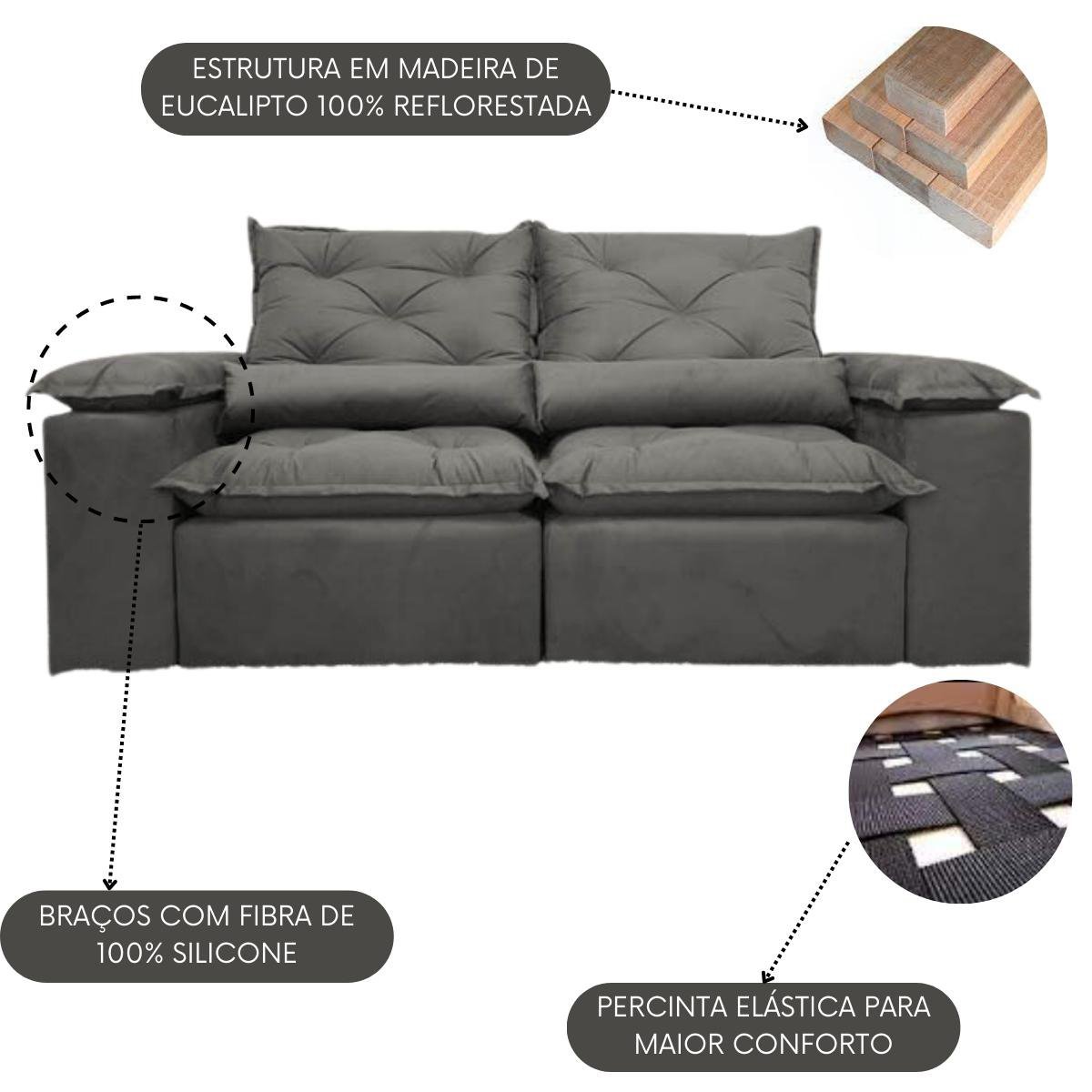 Sofa Reclinavel Retratil Fofinho P/ Assistir Series 2,30m Cor:Cinza - 2