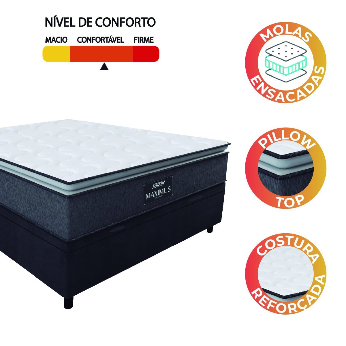 Cama Box Baú Casal Colchão Molas Ensacadas Pillow Top Maximus 138x188x69cm Cinza / Preto Gazin - - 6