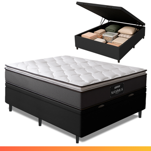 Cama Box Baú Casal Colchão Molas Ensacadas Pillow Top Maximus 138x188x69cm Cinza / Preto Gazin -