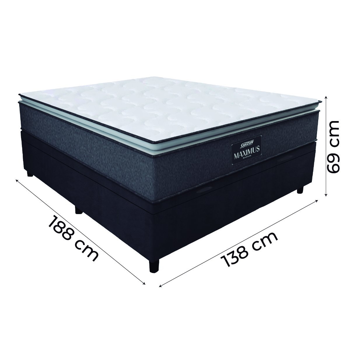 Cama Box Baú Casal Colchão Molas Ensacadas Pillow Top Maximus 138x188x69cm Cinza / Preto Gazin - - 4