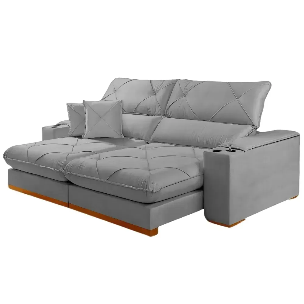 Sofá Milano com Molas Ensacadas 4 Lugares Retrátil e Reclinável 250cm Tecido Veludo Zarat Cor Cinza