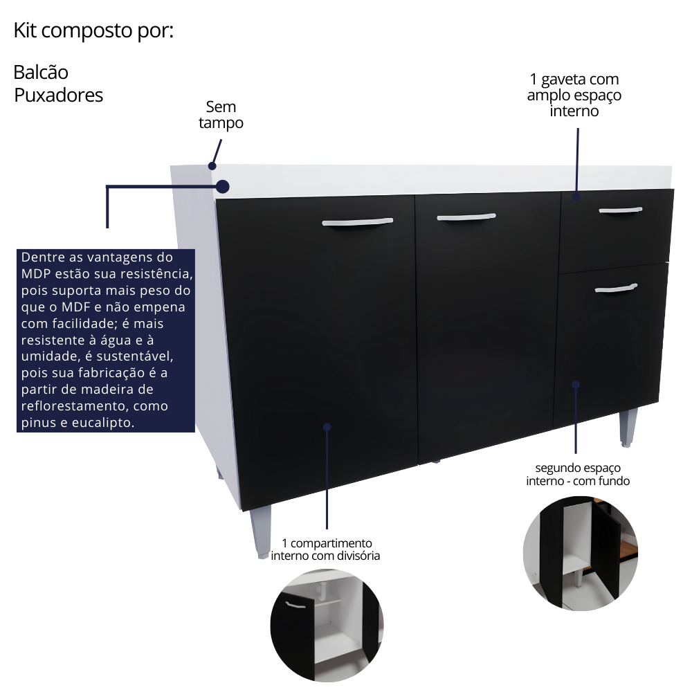 Balcão de Pia Cozinha 120cm Armário 3 Portas 1 Gaveta sem Tampo Morgana Brovália - 6