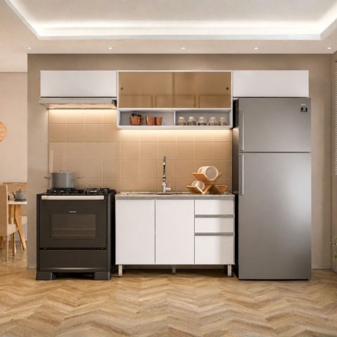 Cozinha Modulada Evidence 4 Peças Balcão de 120cm para Pia e Aéreo Vidro Reflex Poliman Móveis