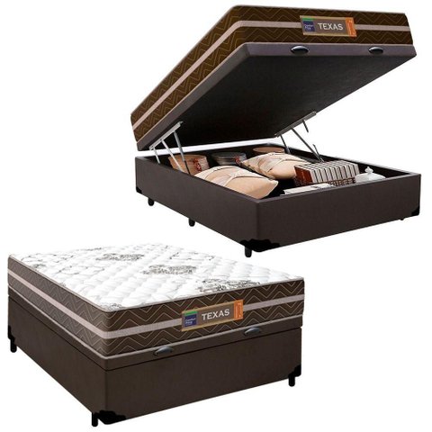 Cama Box Baú Casal Sintético + Colchão Molas Ensacadas Texas Prime Colchões 138cm Marrom