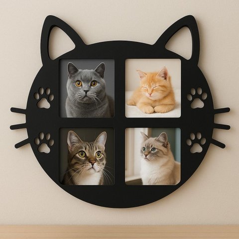 Mural de Fotos para Gato em Mdf Preto, 4 Espaços 10x15, Decoração Temática Pet com Patinhas, 45x45cm