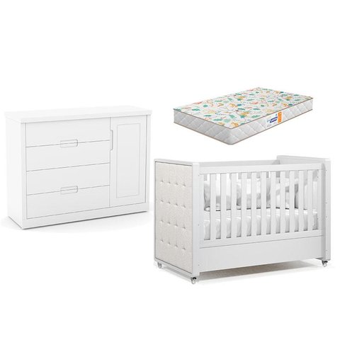 Berço Americano com Capitonê New Boucle e Cômoda Infantil Tutto New Branco Acetinado e Colchão Gazin