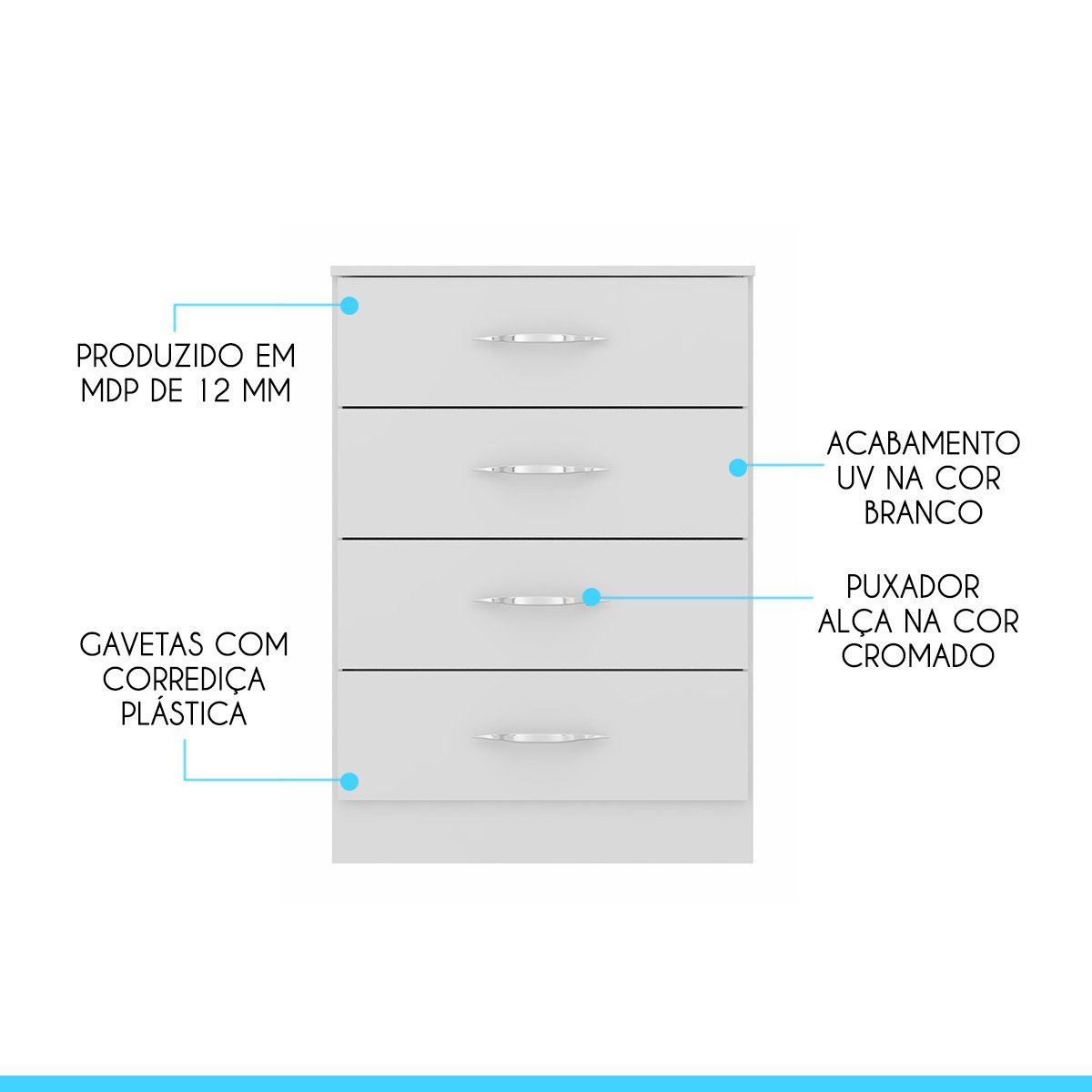 Cômoda Pequena com 4 Gavetas 55 x 93 Cm MDP Branco 2007 MENU - 2