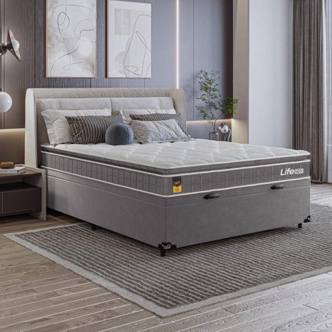 Cama Box Baú Casal + Colchão Life D33 Pillow Top 61x138x188cm - Cinza - e-Shop Casa