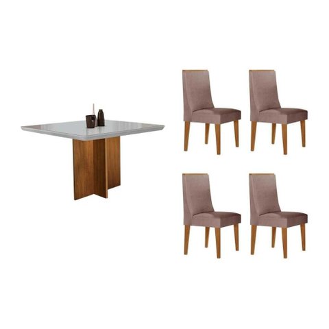 Conjunto: Mesa Sala Jantar Berlim Tampo c/ Vidro Curvo 90cm+ 4 Cadeiras Dakota Madeira Naturale/Off