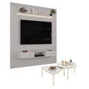 Ver imagem 1 de Painel Trento 223 Ripado com Bancada com LED com Mesa de Centro Lina e Cleia Bali Bali Dj-Móveis