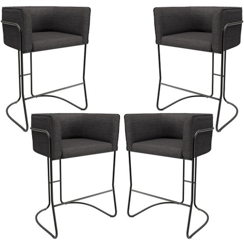 Kit 04 Banquetas Baixa Base de Aço Preto Betina D02 Linho Cinza Escuro C-416 - Lyam Decor