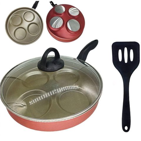 Frigideira 26 Cm 4 Ovos Hambúrguer Tampa de Vidro e Espátula Antiaderente
