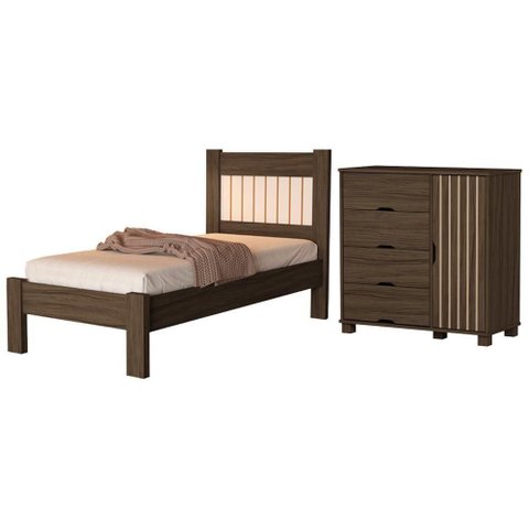 Cama de Solteiro e Comoda 4 Gavetas 1 Porta Bela MDF Chocolate Off Milani Movelaria