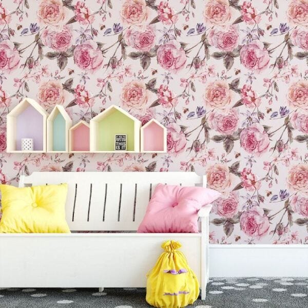 Papel de Parede jardim com flores rosa - 1