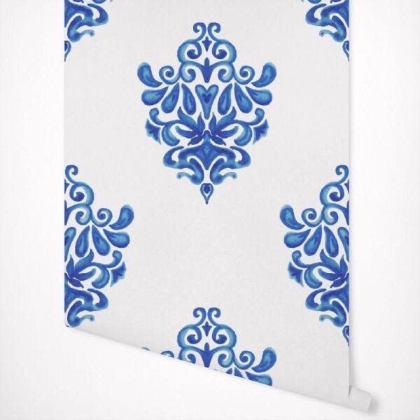 Papel de Parede damasco azul em aquarela - 3