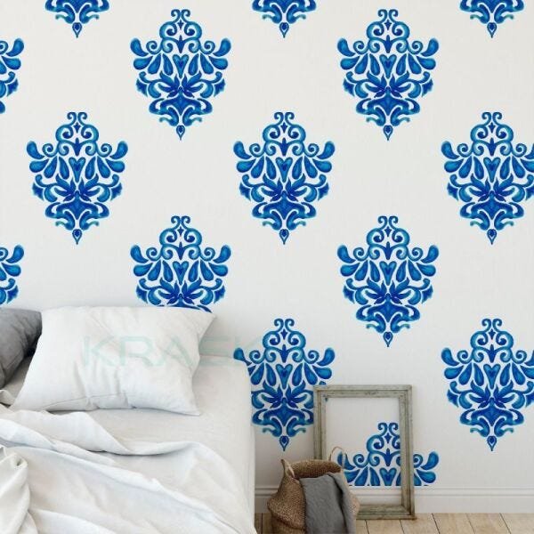 Papel de Parede damasco azul em aquarela - 2