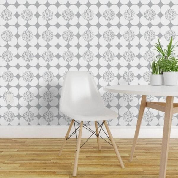 Papel de Parede geométrico floral cinza e branco - 1