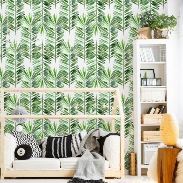 Papel de Parede floral folhas de palmeira verde - 1