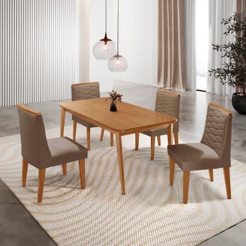 Mesa de Jantar Copper 120cm Tampo MDF com 4 Cadeiras Eloise Veludo Capuccino/Naturalle/Naturalle