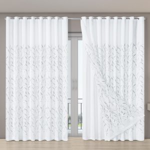 Cortina Forro Voil Bordado 5,60 X 2,70 Porta Grande Sala Quarto Janela Microfibra Leaves Branco