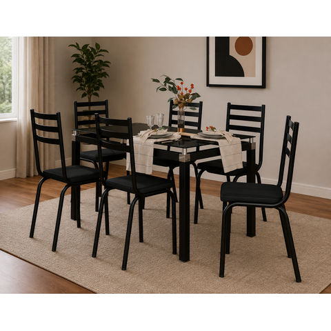 Conjunto Mesa de Jantar Tubular com 6 Cadeiras Malva Tampo Vidro Retangular 140cm 118 Sf Preto - com