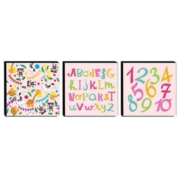 Kit 3 Quadros Infantis Animais Alfabeto Números Canvas 30x30cm-INF262 - 1