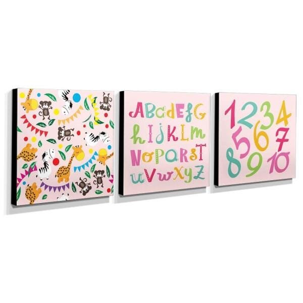 Kit 3 Quadros Infantis Animais Alfabeto Números Canvas 30x30cm-INF262 - 2