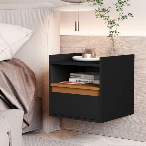 Mesa de Cabeceira Parma 1 Gaveta MDF MDP Suspensa Preto Nature Sal Movelaria