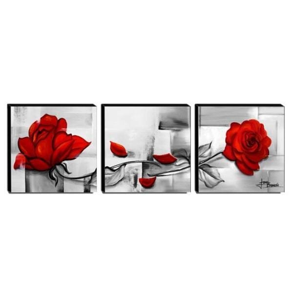 Trio de Quadros Decorativos Canvas Rosas Vermelhas 60x60cm Cada-QF2T-60 - 1