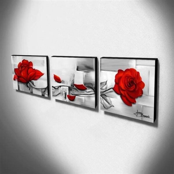 Trio de Quadros Decorativos Canvas Rosas Vermelhas 60x60cm Cada-QF2T-60 - 3