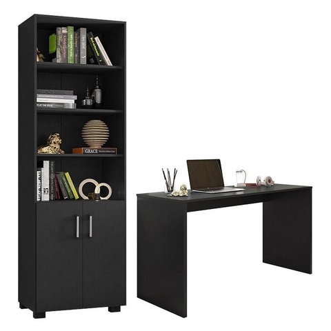 Mesa para Computador Gávea e Livreiro Office com Portas Pequenas Preto Trama - Móveis Leão