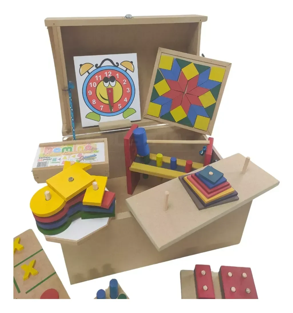 Ver imagem 3 de Baú Pedagógico em Madeira com 10 Jogos Infantis 50x32cm