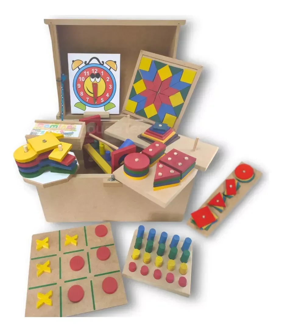 Baú Pedagógico em Madeira com 10 Jogos Infantis 50x32cm - 1
