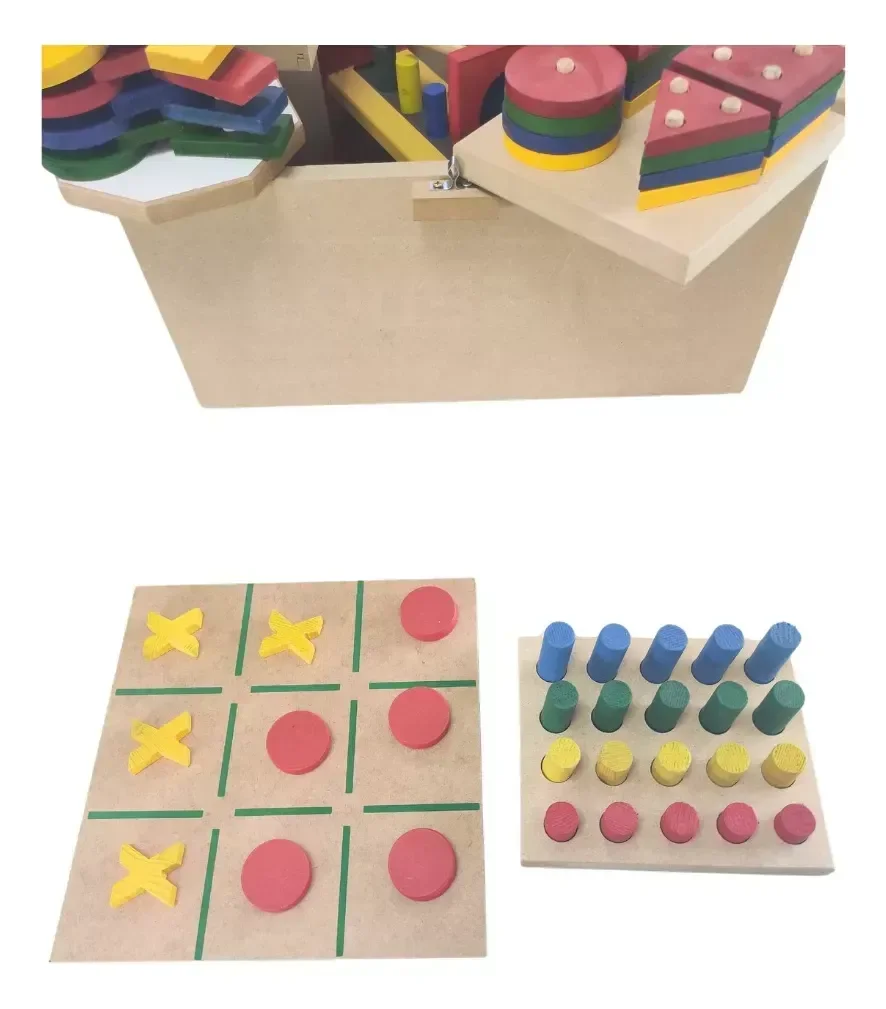 Ver mais imagens de Baú Pedagógico em Madeira com 10 Jogos Infantis 50x32cm