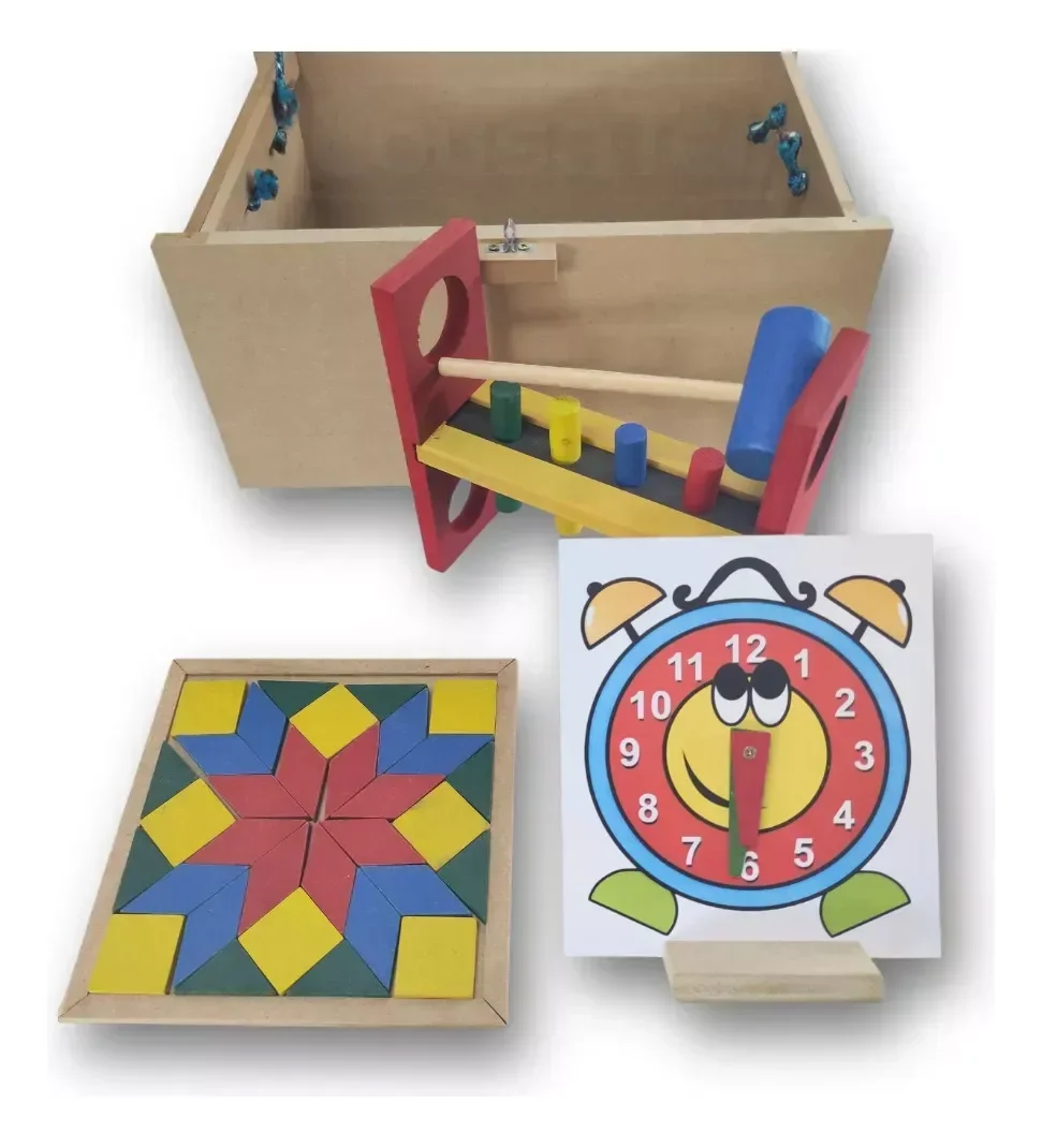 Ver imagem 5 de Baú Pedagógico em Madeira com 10 Jogos Infantis 50x32cm