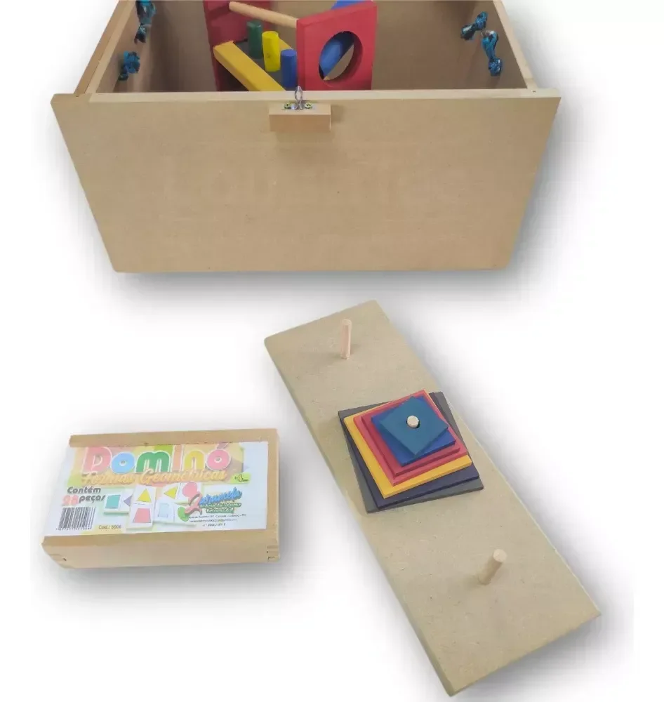 Baú Pedagógico em Madeira com 10 Jogos Infantis 50x32cm - 7