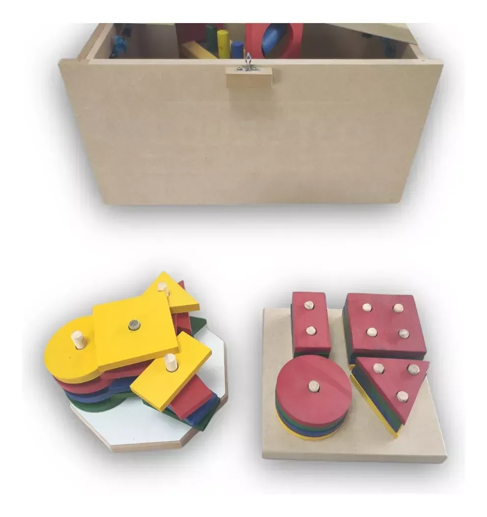 Baú Pedagógico em Madeira com 10 Jogos Infantis 50x32cm - 6