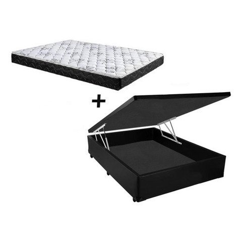 Cama Box Baú Casal Conforto Sintético Preto + Colchão Casal Conforto Espuma D33 17x138x188