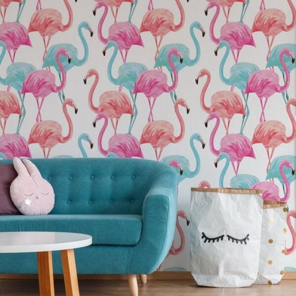 Papel de Parede flamingos aquarela rosa e azul - 1